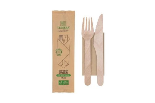 Lebomló evőeszköz szett, fa, csomagolt 3in1 | 100 db/cs