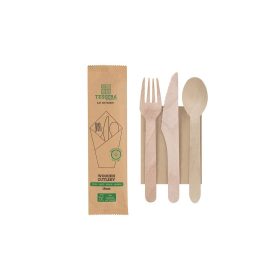 Lebomló evőeszköz szett, fa, csomagolt 4in1 | 100 db/cs