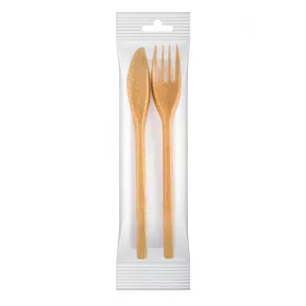   Többször használatos fa-polimer csomagolt szett (kés, villa, szalvéta) I 500db/csomag