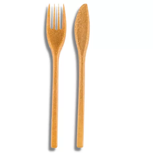 Többször használatos fa-polimer csomagolt szett (kés, villa, szalvéta) I 500db/csomag