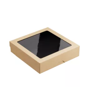  Ablakos kraft papír sütis doboz fekete belsővel 1500 ml - 20x20x4,8 cm | 25 db/cs