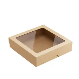   Ablakos kraft papír sütis doboz kraft belsővel 1500 ml - 20x20x4,8 cm | 25 db/cs