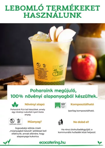 Lebomló hidegitalos pohár, PLA, standard, 400ml szintjelzéssel, piktogrammal | 50 db/csomag