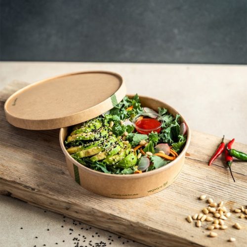 Lebomló családi ételtároló, papír+PLA, 0,75 liter kerek, kraft, Ø 18,5 cm | 50 db/csomag