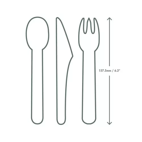 Lebomló evőeszköz készlet, papír, 16,5 cm kés, villa, kanál és szalvéta, papír tasakban | 250 db/csomag